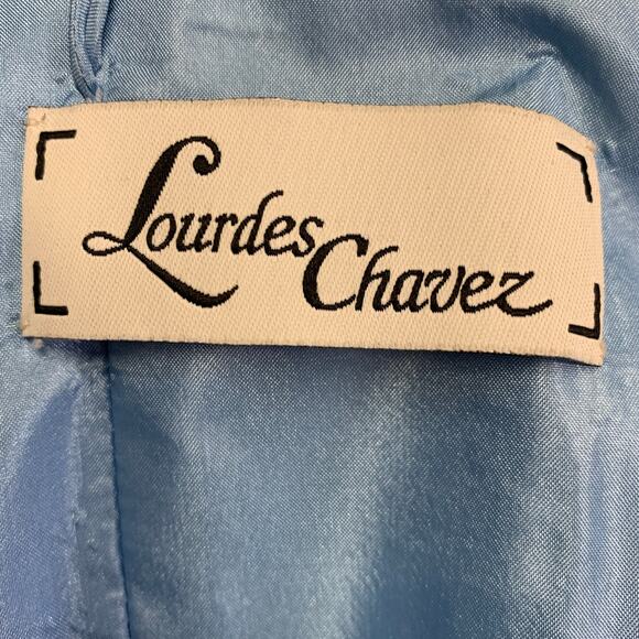 RIZIK BROS. Size 6 Cream Blue Tan Silk Floral Shawl Strapless Gown - Picture 6 of 10